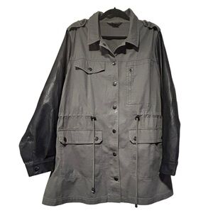 City Chic Olive Green/Black Faux Leather Contrast Sleeves Barn Coat – Size L/20